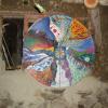 Mandala door, with hinges on cob house